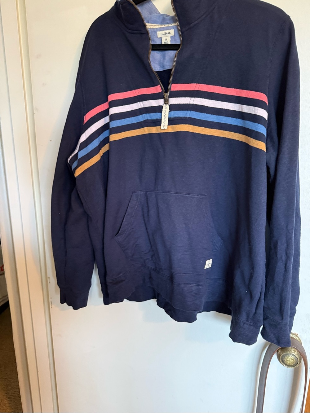 L.L. Bean Men’s Navy Quarter-Zip Sweater with Multi-Color Stripes